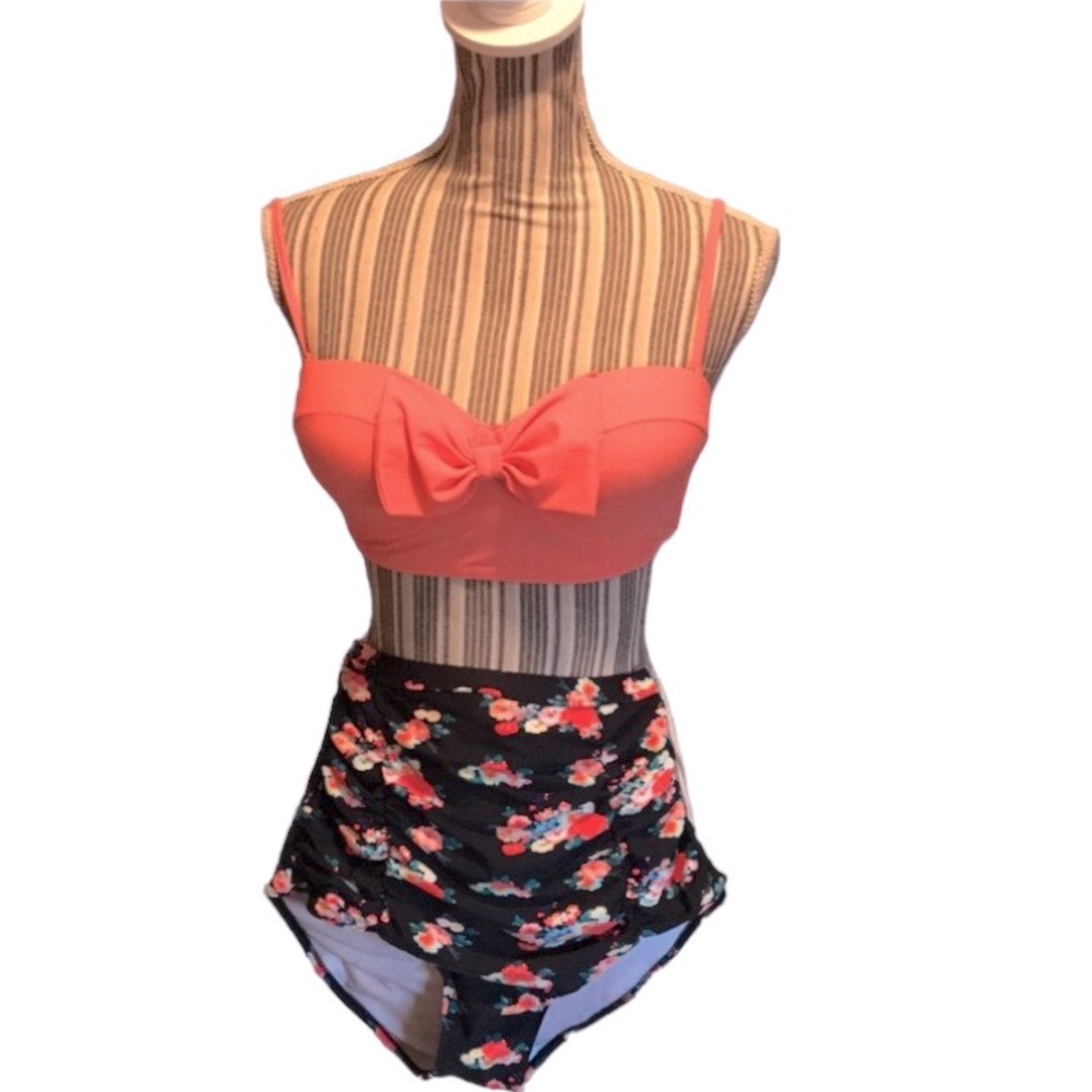 132: EUC high waist swim suit. Sz L. Removable straps, tie back, full coverage